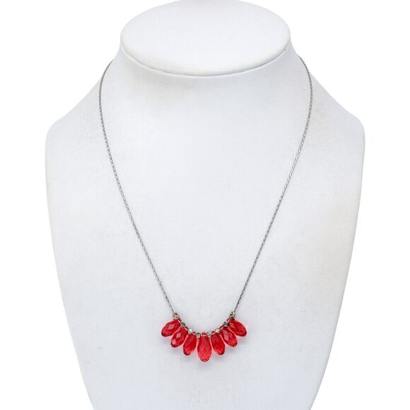 Red Crystal Drop Necklace | Vintage Sterling Silver 925 | 17" - Picture 1 of 4